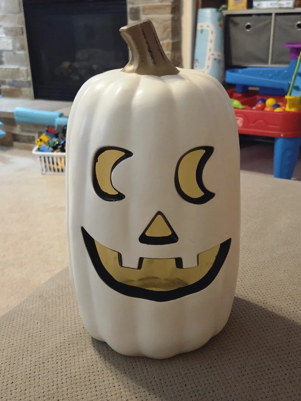 White Light up Pumpkin with Timer. Decorative Prop - Halloween Fall Decor.